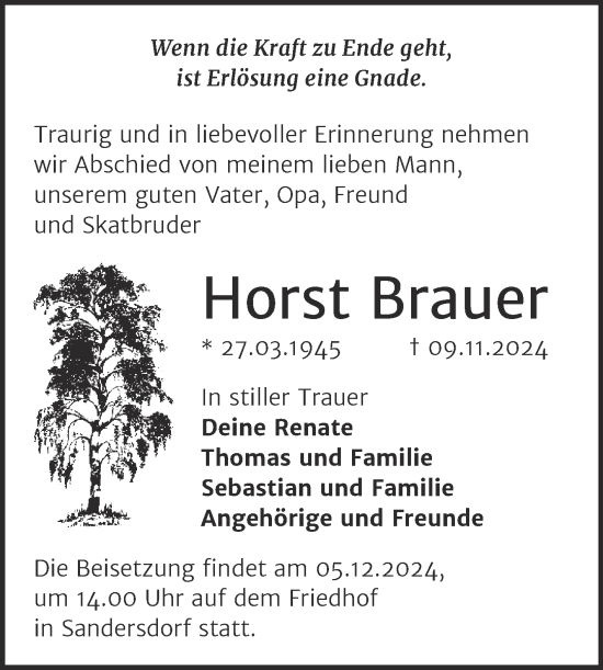 Traueranzeige von Horst Brauer von Trauerkombi Bitterfeld