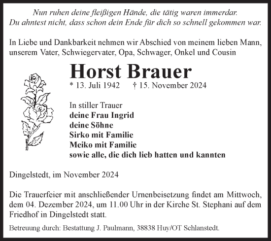 Traueranzeige von Horst Brauer von Volksstimme Halberstadt