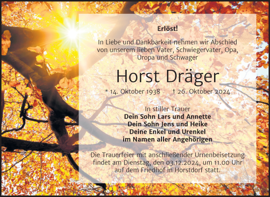 Traueranzeige von Horst Dräger von Trauerkombi Wittenberg
