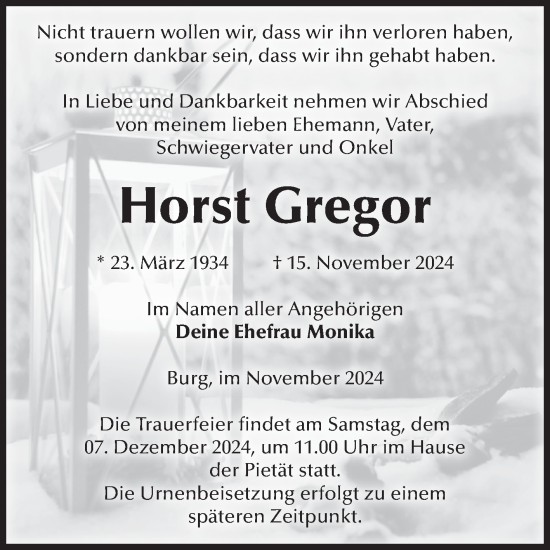 Traueranzeige von Horst Gregor von Volksstimme Burg/Genthin