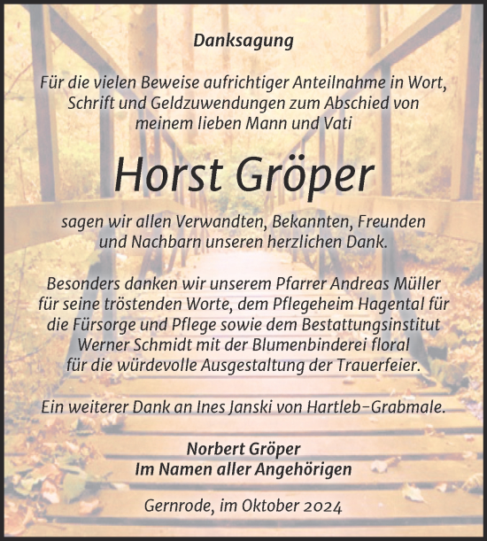 Traueranzeige von Horst Gröper von Trauerkombi Quedlinburg
