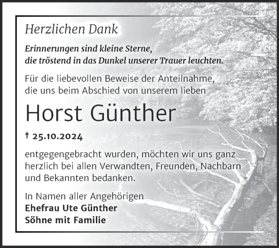 Traueranzeige von Horst Günther von Trauerkombi Mansfelder Land