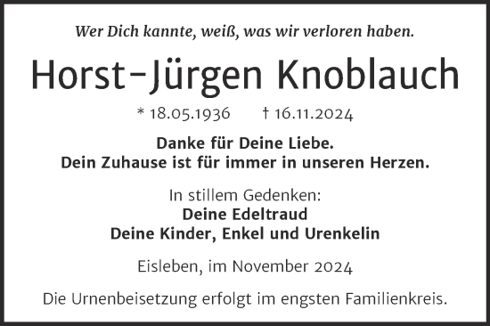 Traueranzeige von Horst-Jürgen Knoblauch von Trauerkombi Mansfelder Land