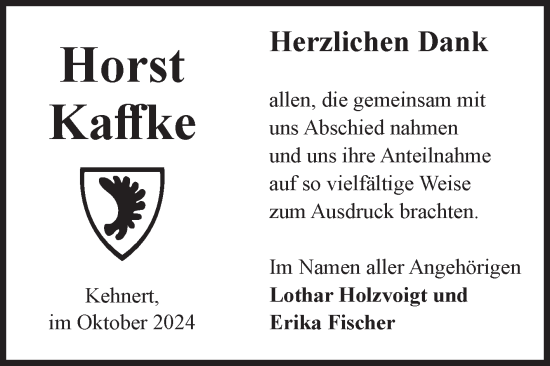Traueranzeige von Horst Kaffke von Volksstimme Altmark Ost