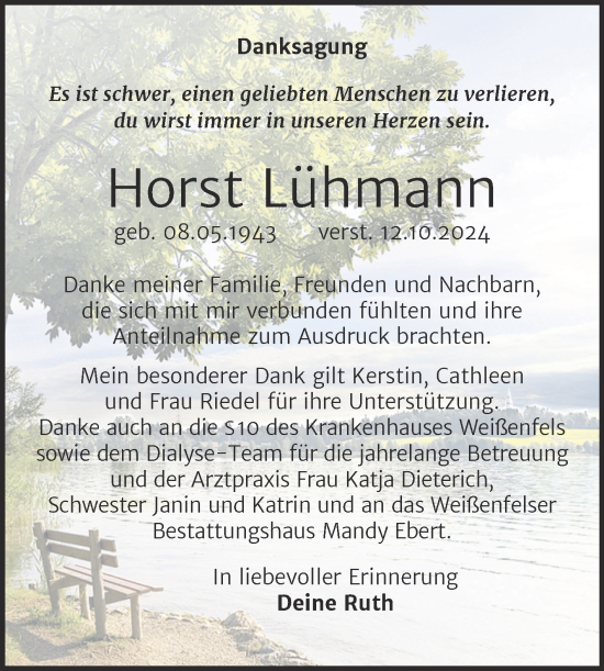Traueranzeige von Horst Lühmann von Trauerkombi Weißenfels