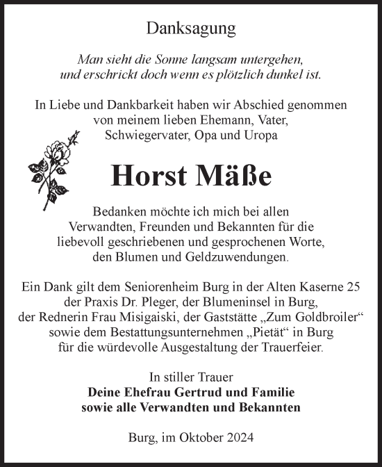 Traueranzeige von Horst Mäße von Volksstimme Burg/Genthin