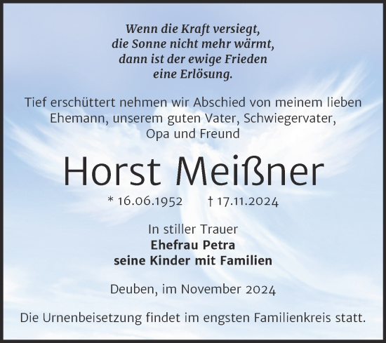 Traueranzeige von Horst Meißner von Trauerkombi Weißenfels