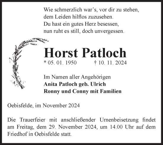 Traueranzeige von Horst Patloch von Volksstimme Altmark West