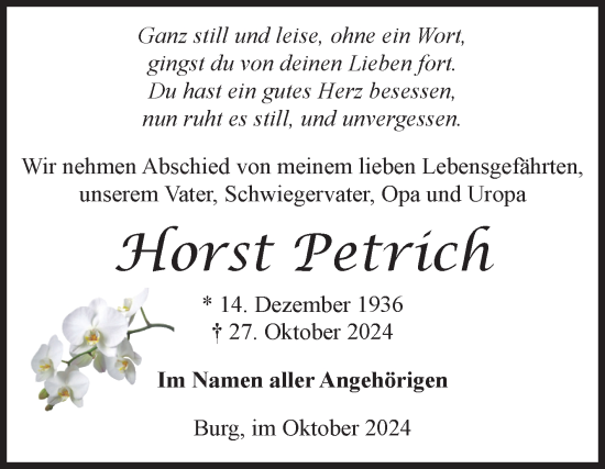 Traueranzeige von Horst Petrich von Volksstimme Burg/Genthin
