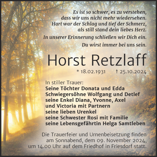 Traueranzeige von Horst Retzlaff von Trauerkombi Mansfelder Land