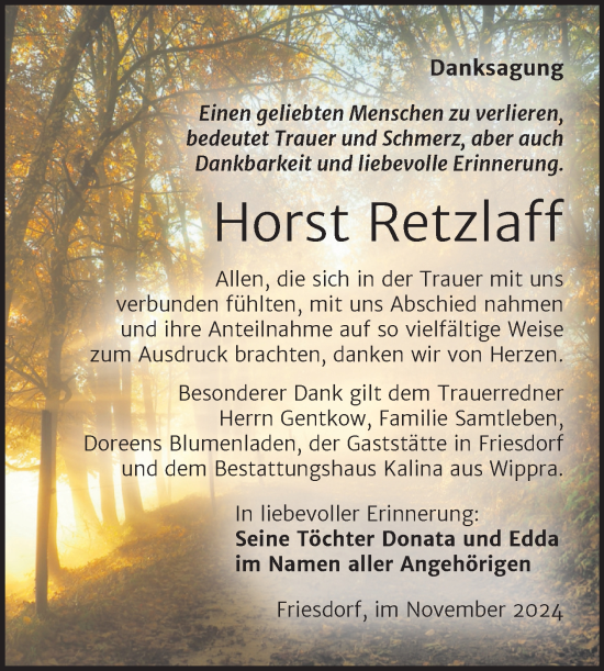 Traueranzeige von Horst Retzlaff von Trauerkombi Mansfelder Land