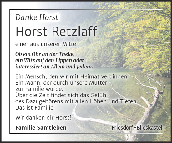 Traueranzeige von Horst Retzlaff von Trauerkombi Mansfelder Land
