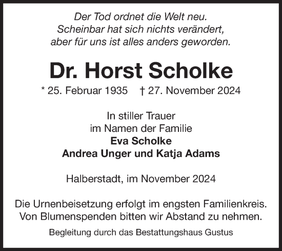 Traueranzeige von Horst Scholke von Volksstimme Halberstadt