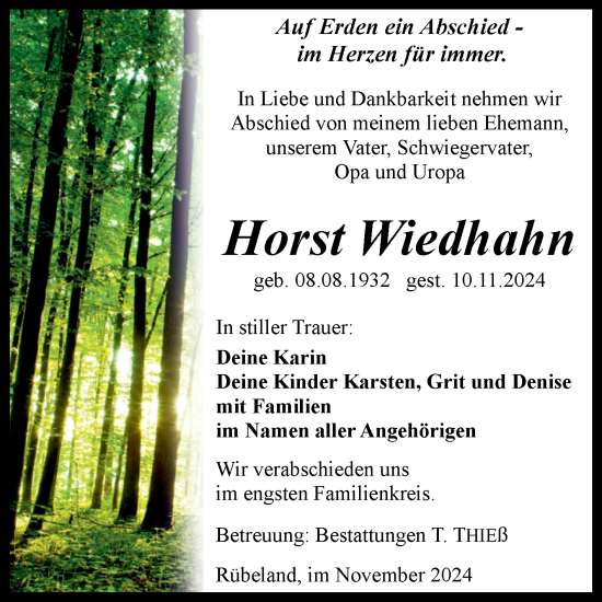 Traueranzeige von Horst Wiedhahn von Volksstimme Wernigerode