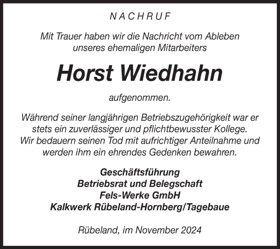 Traueranzeige von Horst Wiedhahn von Volksstimme Wernigerode