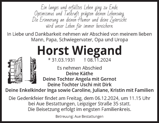Traueranzeige von Horst Wiegand von Volksstimme Magdeburg