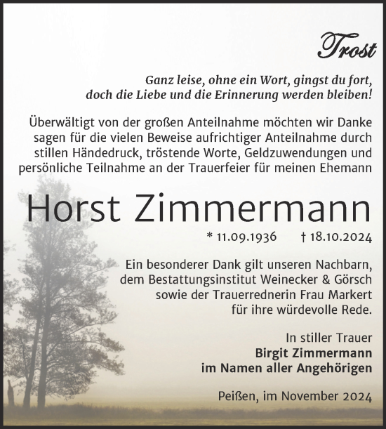Traueranzeige von Horst Zimmermann von Trauerkombi Bernburg