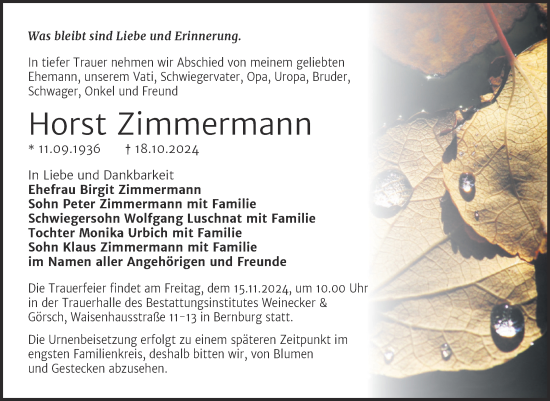 Traueranzeige von Horst Zimmermann von Trauerkombi Bernburg