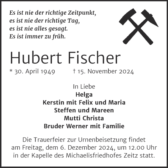 Traueranzeige von Hubert Fischer von Trauerkombi Zeitz
