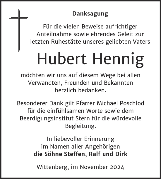 Traueranzeige von Hubert Hennig von Trauerkombi Wittenberg
