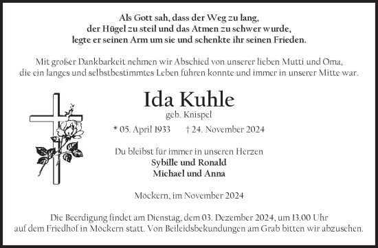 Traueranzeige von Ida Kuhle von Volksstimme Burg/Genthin