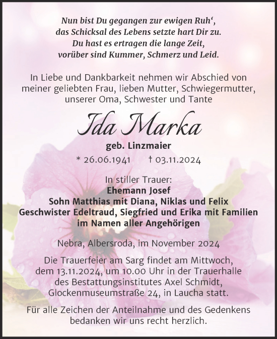 Traueranzeige von Ida Marka von Super Sonntag Naumburg/Nebra