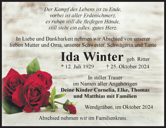 Traueranzeige von Ida Winter von Volksstimme Burg/Genthin
