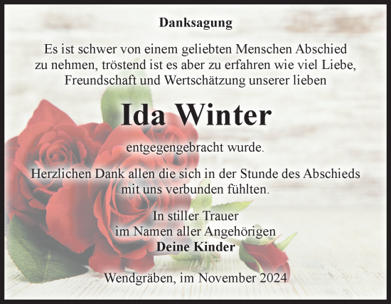Traueranzeige von Ida Winter von Volksstimme Burg/Genthin