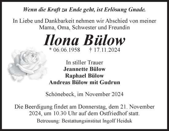 Traueranzeige von Ilona Bülow von Volksstimme Schönebeck