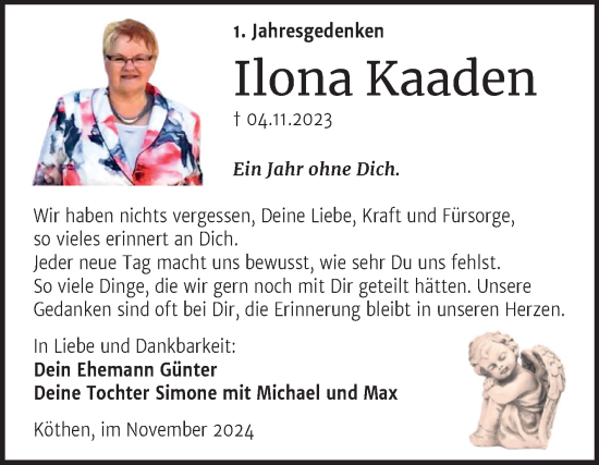 Traueranzeige von Ilona Kaaden von Trauerkombi Köthen