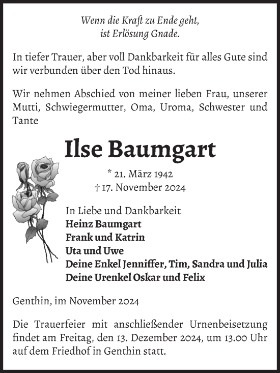 Traueranzeige von Ilse Baumgart von Volksstimme Burg/Genthin