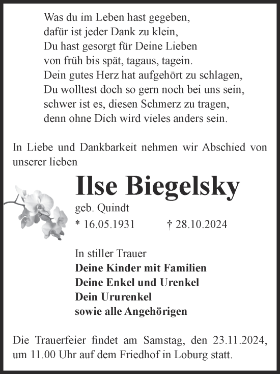 Traueranzeige von Ilse Biegelsky von Volksstimme Zerbst