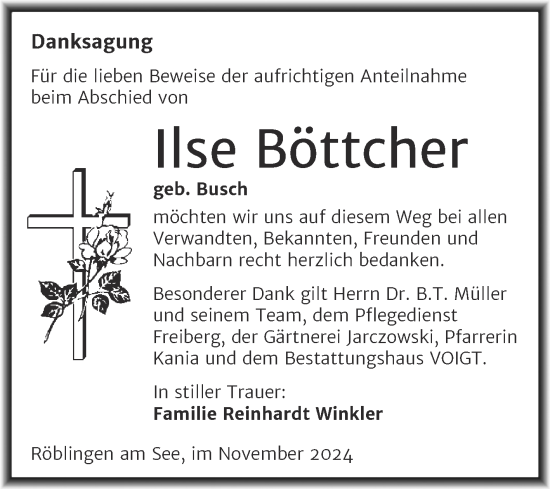Traueranzeige von Ilse Böttcher von Trauerkombi Mansfelder Land