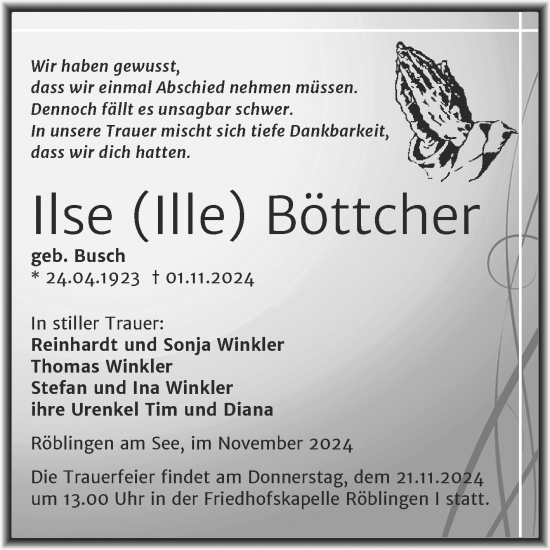 Traueranzeige von Ilse Böttcher von Trauerkombi Mansfelder Land