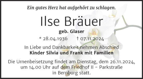 Traueranzeige von Ilse Bräuer von Trauerkombi Bernburg
