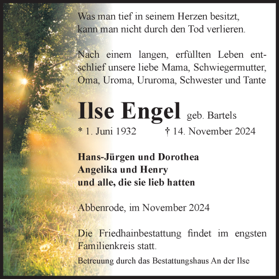 Traueranzeige von Ilse Engel von Volksstimme Wernigerode