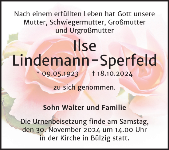 Traueranzeige von Ilse Lindemann-Sperfeld von Trauerkombi Wittenberg