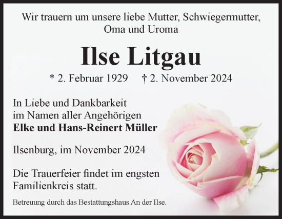 Traueranzeige von Ilse Litgau von Volksstimme Wernigerode