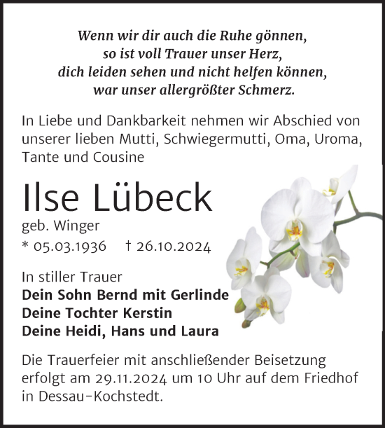 Traueranzeige von Ilse Lübeck von Trauerkombi Dessau