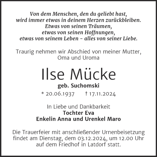 Traueranzeige von Ilse Mücke von Trauerkombi Bernburg