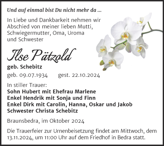 Traueranzeige von Ilse Pätzold von Trauerkombi Merseburg