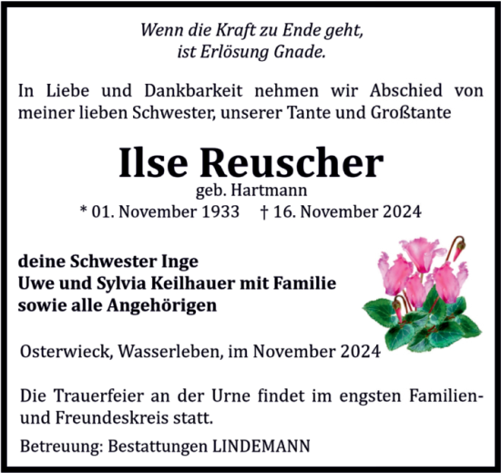 Traueranzeige von Ilse Reuscher von Volksstimme Wernigerode