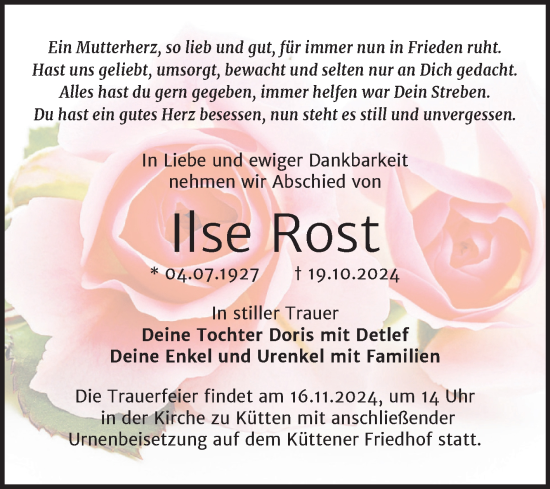 Traueranzeige von Ilse Rost von Mitteldeutsche Zeitung Halle/Saalkreis