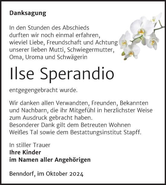 Traueranzeige von Ilse Sperandio von Trauerkombi Mansfelder Land