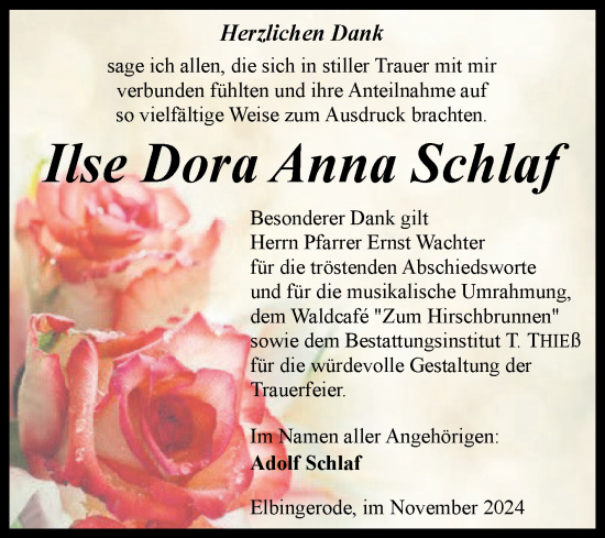 Traueranzeige von Ilse Dora Anna Schlaf von Volksstimme Wernigerode