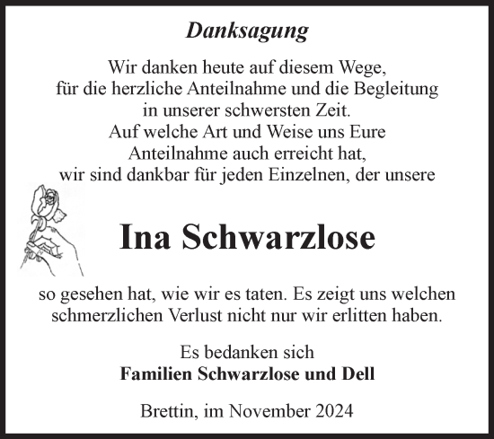 Traueranzeige von Ina Schwarzlose von Volksstimme Burg/Genthin