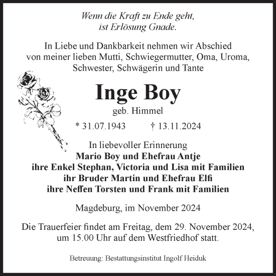 Traueranzeige von Inge Boy von Volksstimme Magdeburg