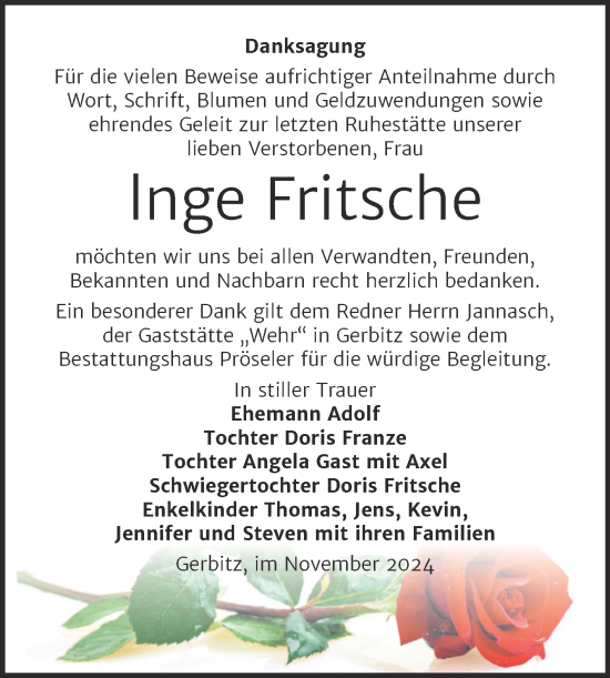 Traueranzeige von Inge Fritsche von Trauerkombi Bernburg