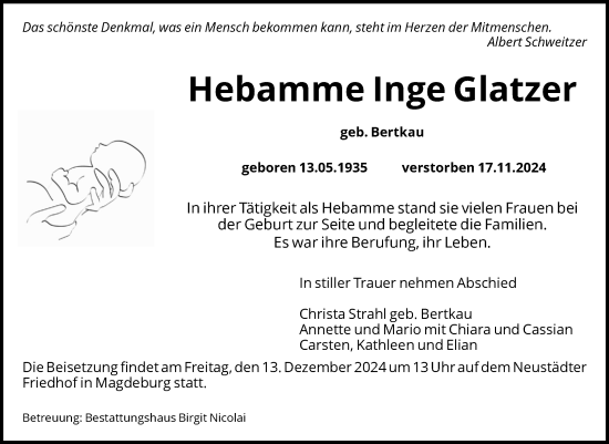 Traueranzeige von Inge Glatzer von Volksstimme Magdeburg