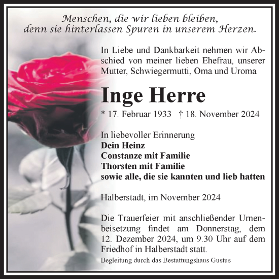 Traueranzeige von Inge Herre von Volksstimme Halberstadt